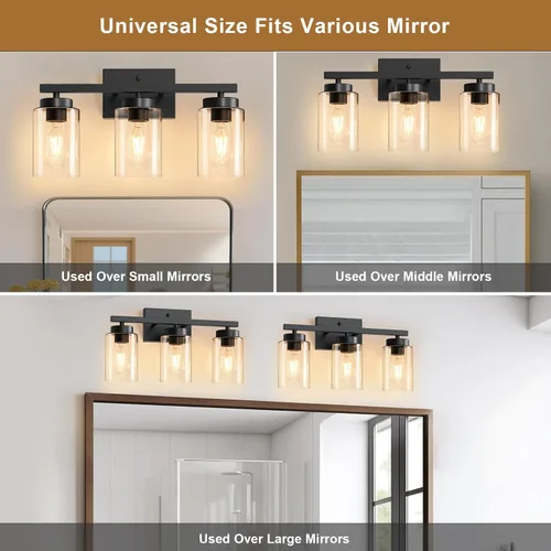 Miniatura 8 de IZORRO Moderna lámpara de baño, 3 luces negras claras, accesorios de iluminación de baño sobre espejo con vidrio transparente para sala de estar