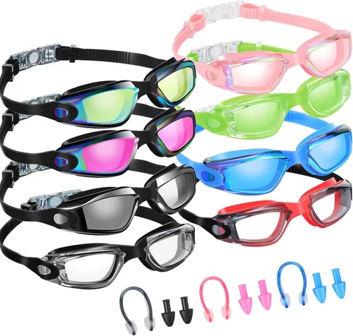 Konohan Paquete de 8 gafas de natación sin fugas para adultos, protección UV, gafas de piscina con clip para la nariz Color novedoso
