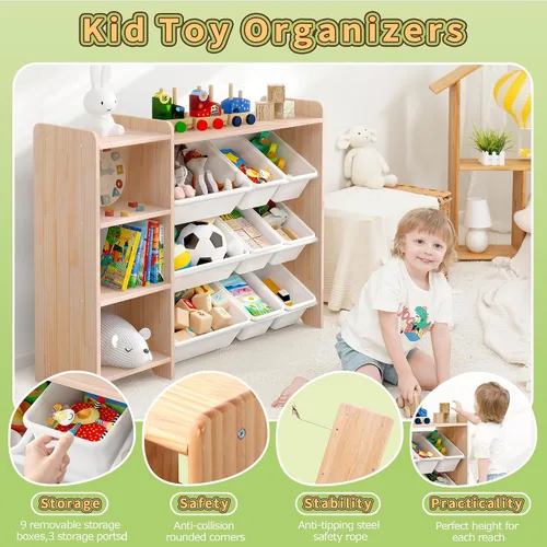 Miniatura 17 de MallBest Estante organizador de almacenamiento de juguetes para niños de 4 niveles, 100% madera maciza, armario de almacenamiento para niños con 9