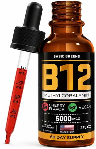Vitamina B12 - Gotas líquidas de 5000 mcg, fórmula líquida B12 sublingual de metilcobalamina, suplemento B-12 vegano sabor cereza para mujeres y