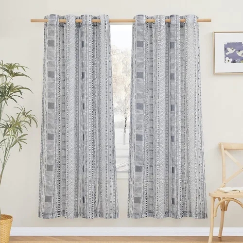 Miniatura 18 de NICETOWN Cortinas bohemias de lino transparente para sala de estar, cortinas semitransparentes de granja con patrón de rayas bohemias, cortinas Gris
