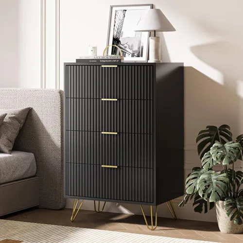 Miniatura 8 de MAISONARIA Cómoda negra para dormitorio, cómoda de 4 cajones con asas de metal dorado y cómodas, cómodas para pasillo, dormitorio