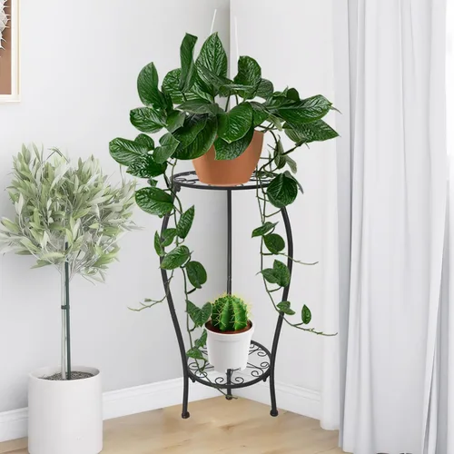 Miniatura 5 de Soporte de metal para plantas de 2 niveles para interiores y exteriores, estante alto para macetas, soporte de esquina estable a prueba de óxido