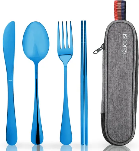Miniatura 12 de Quatish - Utensilios de viaje con estuche, juego de cubiertos portátiles para el trabajo, juego de cubiertos de viaje reutilizables de acero Negro