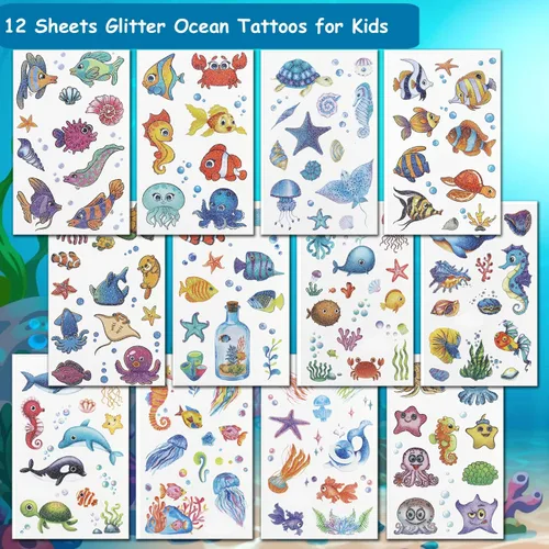 Miniatura 2 de CHARLENT 120 estilos de purpurina bajo el mar criatura temporal tatuajes para niños suministros de fiesta – Tatuajes de criaturas marinas para niños