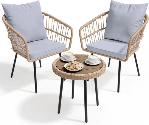 Miniatura 8 de YITAHOME Juego de 3 piezas de bistró para exteriores con cojines gruesos y mesa de mimbre para todo tipo de clima, juego de muebles de patio