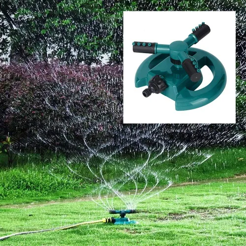 Miniatura 6 de Aspersor de césped, tres brazos giratorios de 360 grados, ajustable, rociador de agua para jardín, herramienta de riego de césped (verde)