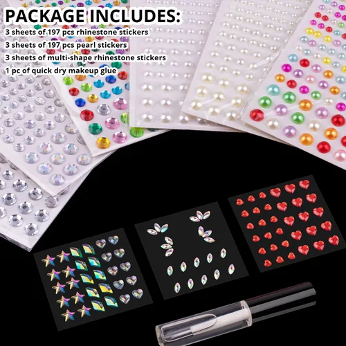 Miniatura 2 de Juego de 9 hojas de diamantes de imitación para la cara y calcomanías de perlas, 1, gemas autoadhesivas de forma mixta de arco iris, con pegamento