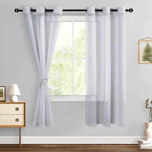 Miniatura 186 de Hiasan - Cortinas traslúcidas de gasa cortas semitransparentes con ojales y alzapaños filtrantes de luz para ventana, dormitorio, baño, 2 paneles