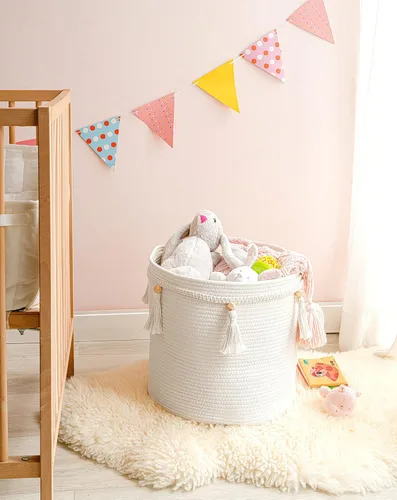 Miniatura 2 de Mkono Cesta Decorativa de Cuerda de Algodón de Macramé Boho Linda Tejida con Borlas Contenedores de Almacenamiento para Armario Organizador
