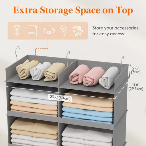 Miniatura 6 de Lifewit Estante colgante de doble fila para armario, estantes de ropa con 3 ganchos resistentes para organización de ropa, contenedor plegable