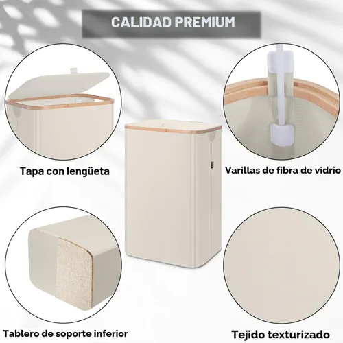 Miniatura 2 de BALEINE Cesta de lavandería con tapa, cestas de lavandería altas con tiradores de bambú, gran cubo de lavandería con soporte interno