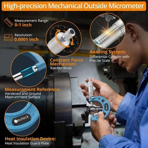 Miniatura 2 de Neoteck Micrómetro exterior de 0-1 pulgada con resolución de 0.0001 pulgadas, yunques con punta de carburo, micrómetro mecánico de precisión