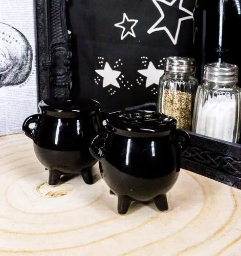 Miniatura 8 de Ebros Gift Juego de salero y pimentero para Halloween, bruja, Wicca, magia, negro, salero y pimentero, figuras de cerámica, caldero de poción