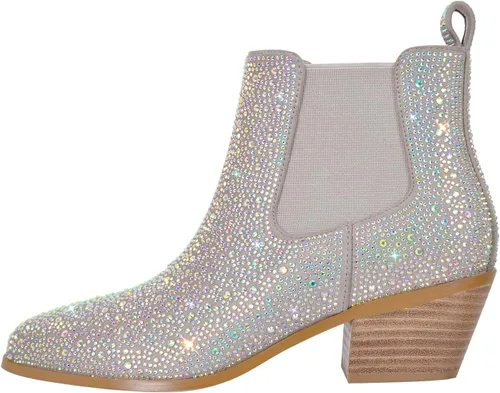 Miniatura 4 de VERISSON Point Toe Western Botas Chelsea Silver Glitter Rhinestone Block Tacón Vaquero Botín 6CM
