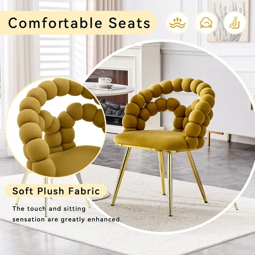 Miniatura 7 de Juego de 2 sillas de comedor de terciopelo, sillas decorativas tapizadas amarillas, sillas de barril con patas doradas para comedor, maquillaje