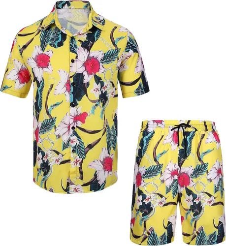 Xmgelp Trajes de 2 piezas con estampado floral para hombre, estilo casual, con botones, manga corta, hawaiana