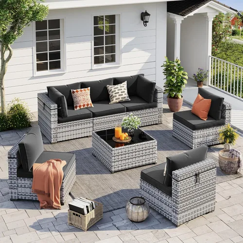 Miniatura 12 de UDPATIO Juego de muebles de patio al aire libre, sofá modular de 7 piezas con mesa de té, juego de conversación al aire libre de mimbre PE para Azul