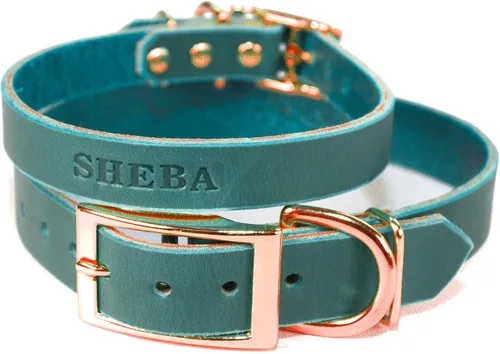 Miniatura 9 de Collar de cuero personalizado hecho a mano para perro con bridón grabado con el nombre de la mascota, herrajes en tono cobre/oro rosa (negro)