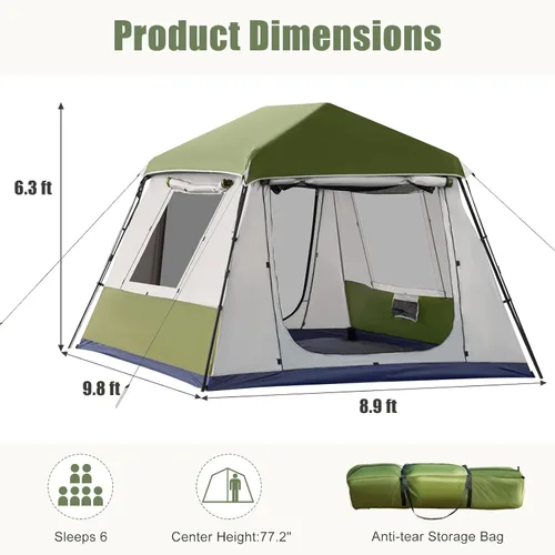 Miniatura 8 de YOLENY Instant Cabin Tent, 4-8 Person Quick Setup Family Camping Tent with Rainfly and Extended Canopy, Weather Resistant Tent with Mesh Windows and