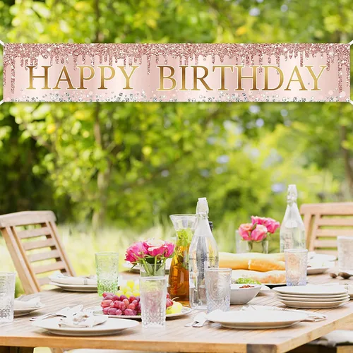 Miniatura 4 de Cartel de feliz cumpleaños de oro rosa rosa, gran cartel de feliz cumpleaños para patio, suministros de fiesta para mujeres, decoración