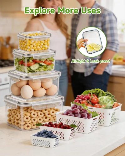 Miniatura 5 de TBMAXS 4 Pack Food Storage Containers Fruit Containers for Fridge with Colander Airtight BPA Free Plastic Berry Keeper Container Produce Saver