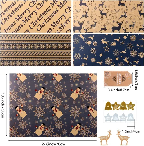 Miniatura 7 de Hojas de papel de regalo de Navidad, papel de regalo Kraft reciclado azul marino y marrón con etiquetas y pegatinas, papel de regalo de 6 hojas