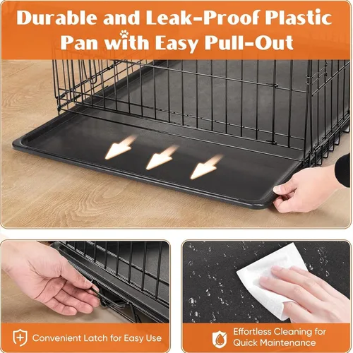 Miniatura 10 de Sweetcrispy Jaula para perros, jaula plegable de alambre de metal de doble puerta de 42 pulgadas con bandeja de plástico a prueba de fugas, perrera