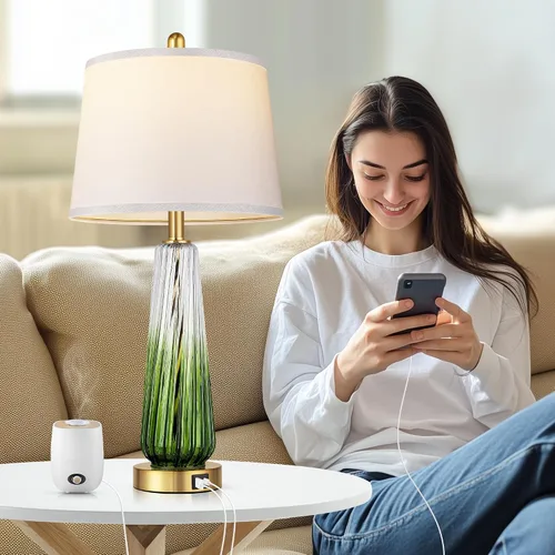 Miniatura 5 de Lámparas de mesa de vidrio para sala de estar, lámparas de noche modernas con puertos USB A+C, lámpara de mesita de noche de control táctil