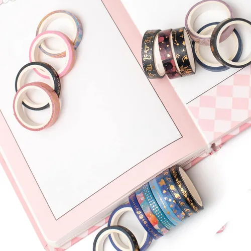 Miniatura 8 de Juego de 100 rollos de cinta washi de papel de aluminio dorado delgada cinta adhesiva decorativa de 0.118 in de ancho para álbumes de recortes