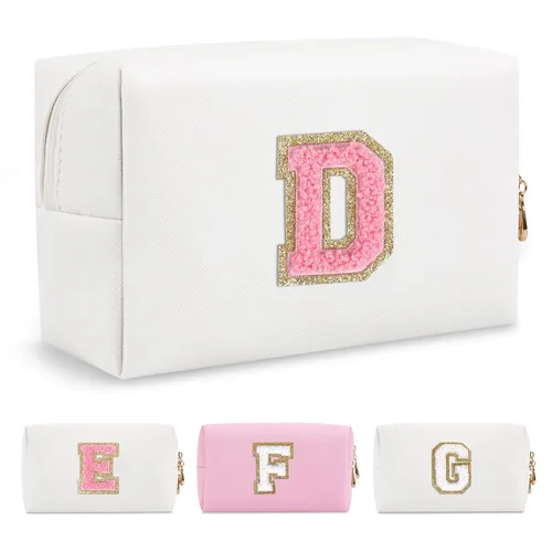 Miniatura 123 de Pequeña bolsa de maquillaje personalizada con inicial A-Z Preppy Patch, bolsa de cosméticos de viaje de felpilla blanca con cremallera, bonita bolsa