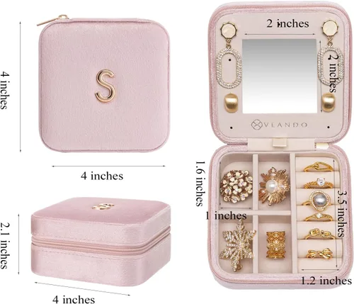 Miniatura 5 de Vlando - Joyero pequeño para viajes, estuche organizador de exhibición para guardar anillos, aretes y collares, terciopelo suave seleccionado, letra