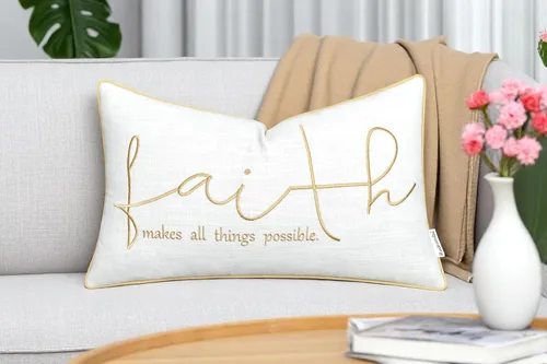 Miniatura 2 de Rudransha Faith - Funda de almohada lumbar bordada, 12 x 20 pulgadas, algodón marfil