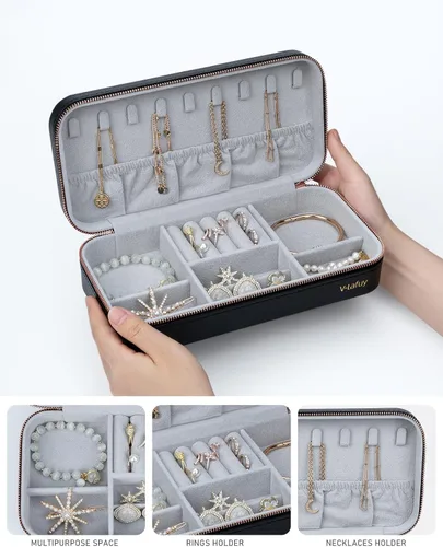 Miniatura 4 de Organizador de joyas de viaje, joyero portátil para mujer, organizador de viaje para anillos, aretes, collares, pulseras, relojes, negro, C