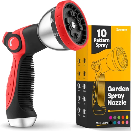 Boquilla de manguera, rojo, pulverizador resistente, 10 patrones de riego ajustables, control con pulgar, ergonómico, para manguera de jardín, regar