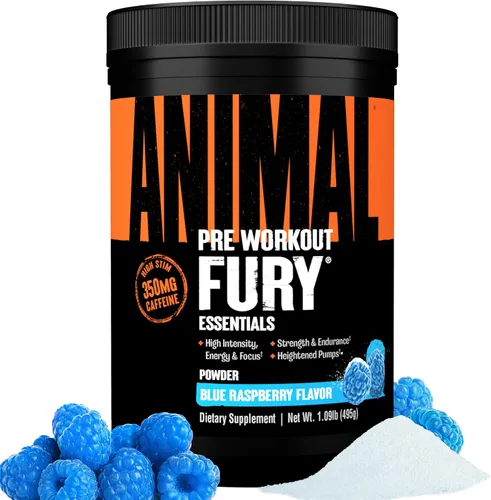 Animal Fury - Suplemento en polvo antes del entrenamiento para energía y concentración, 0.18 onzas de BCAA y 350 mg de óxido nítrico de cafeína sin