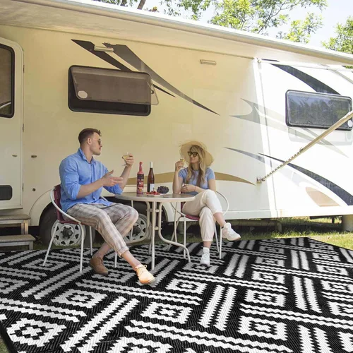 Miniatura 26 de Alfombra de paja de plástico para patio al aire libre, 5 x 8 pies, impermeable, reversible, alfombra de área, patio, caravana, porche, balcón, Azul