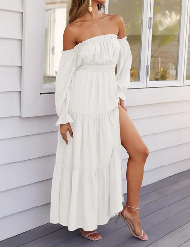Miniatura 8 de ZESICA - Vestido largo, bohemio y sexy, con hombros descubiertos y manga larga fruncida, con elástico fruncido, cintura alta y abertura lateral