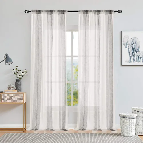 Miniatura 26 de Central Park Cortinas Transparentes de Rayas Beige y Blancas Estilo Granja de Lino Bouclé, Pares de Paneles de Cortina de Ventana Tejidos con Hilo