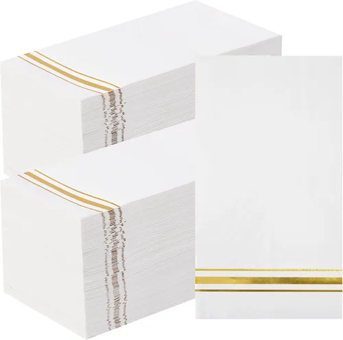 200 servilletas de papel forradas con borde dorado, elegantes servilletas de cena de 3 capas de papel blanco y dorado, toallas de mano desechables
