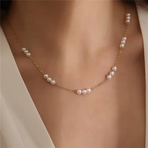 Miniatura 2 de TOBENY Collar de perlas para mujer, chapado en oro de 14 quilates, hecho a mano, gargantilla de perlas blancas, delicada, pequeña, pequeña, cadena
