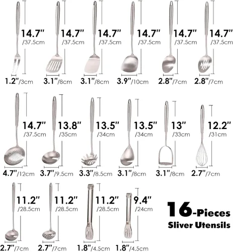 Miniatura 2 de Juego de Utensilios de Cocina de Acero Inoxidable 18/10 - 16 PIEZAS Todos los Utensilios de Servir de Metal, Herramientas de Cocina - Batidor