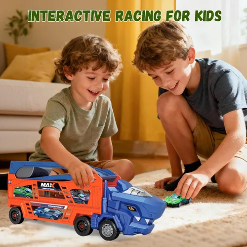 Miniatura 4 de Juguetes de Camión de Dinosaurios para Niños de 3-5 - Camión Transportador con 6 Autos de Juguete Fundidos a Presión, Camión 3 en 1 con 2 Pistas