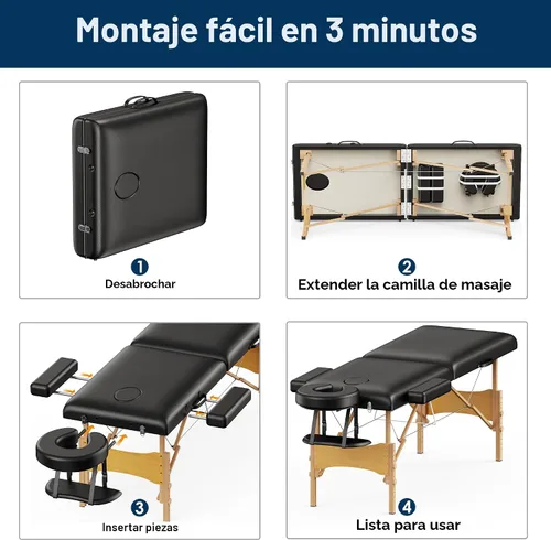 Miniatura 7 de Brelley Mesa de masaje portátil de madera para pestañas, altura ajustable, mesa de spa de 2 pliegues, cama plegable para tatuajes (negro)