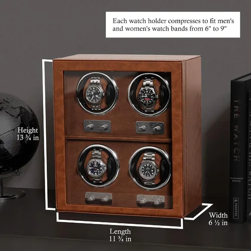 Miniatura 2 de ROTHWELL Bobinadora de 4 relojes para relojes automáticos con motor silencioso con múltiples velocidades y ajustes de rotación (bronceado/marrón)