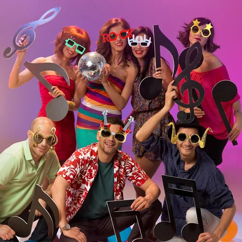 Miniatura 5 de Paquete de 9 gafas de sol divertidas de música rock, decoración de los años 80 y 90, suministros de fiesta de música retro, radio, estrellas