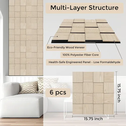 Miniatura 2 de Paneles de pared acústicos de tablero de ajedrez, paquete de 6 paneles de pared 3D de ceniza natural que absorben el sonido, 15.7 x 15.7 pulgadas
