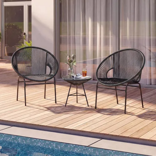 Miniatura 4 de Tangkula Juego de 3 muebles de patio al aire libre, juego de sillas Acapulco con cuerda de plástico, mesa de vidrio templado, juego de bistró