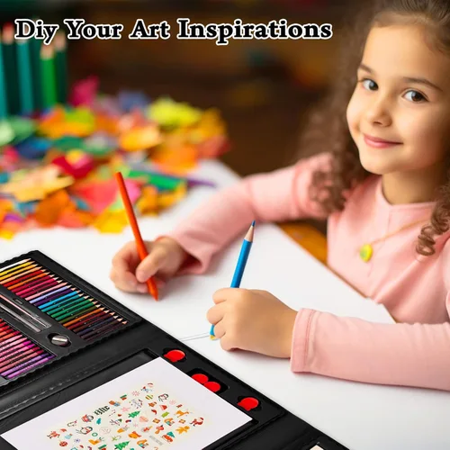 Miniatura 6 de KINSPORY Kit de arte, 290 unidades de arte para manualidades, kit de colorear, caballete triple de doble cara, pasteles al óleo, crayones y lápices