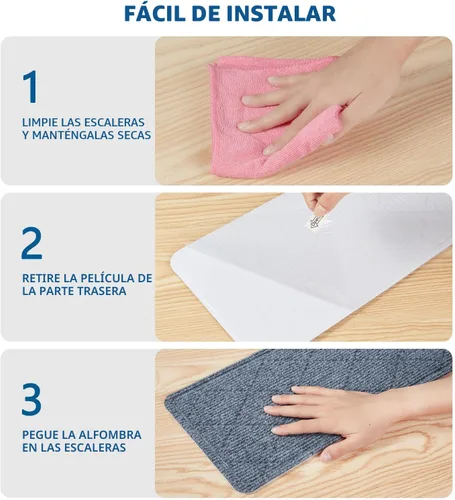 Miniatura 6 de Peldaños de escalera para escalones de madera interior, paquete de 15 unidades de 8 x 30 pulgadas, alfombra antideslizante con adhesivo reutilizable